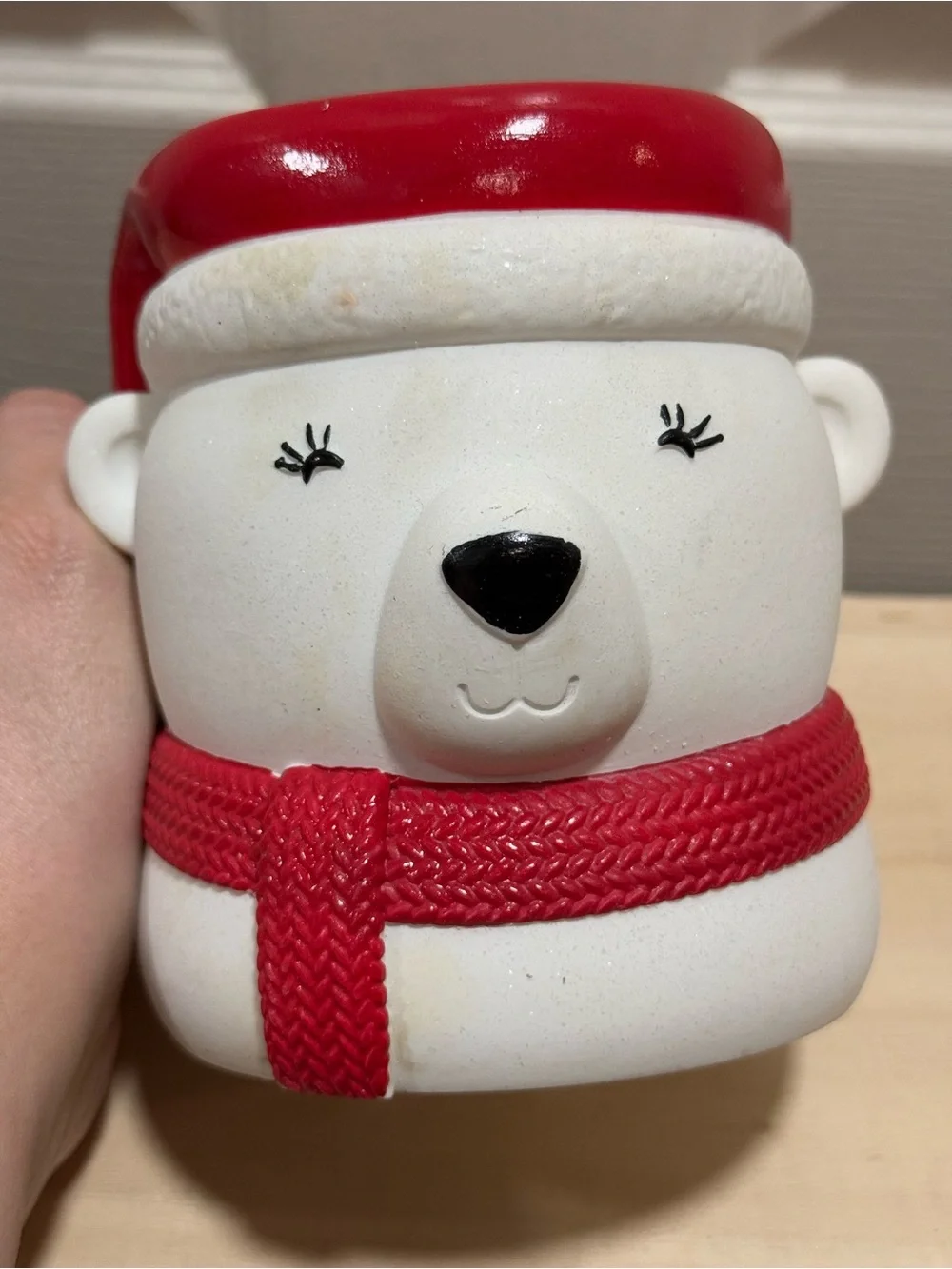 Bath & Body Works White Polar Bear hand soap Holder with Red Hat and Scarf